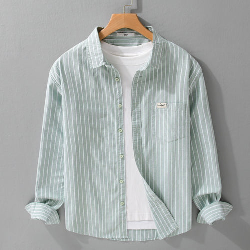 Herren Gestreiftes Layering-Overshirt aus softem Baumwollmix mit Kentkragen und aufgesetzter Brusttasche Echoarchiv