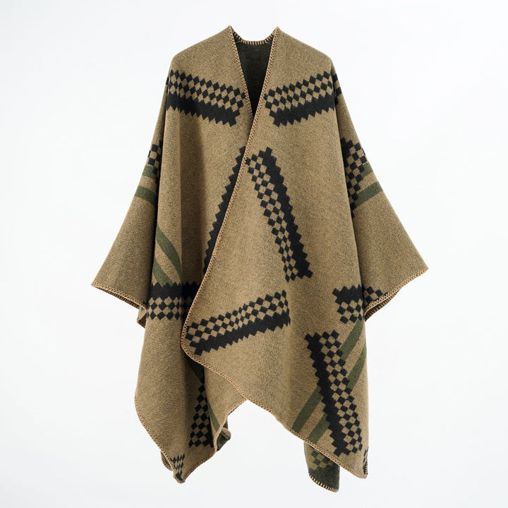 Damen Oversize-Umhangponcho aus Wollmix mit geometrischem Jacquard und Ziernaht – Célinea