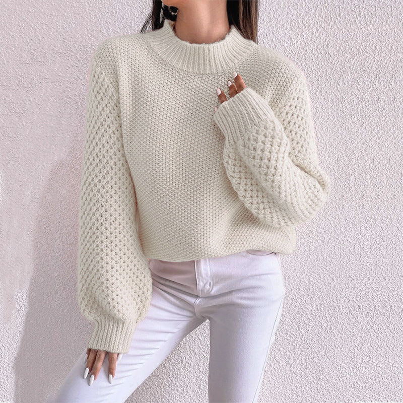 Damen Kurzgeschnitteter Grobstrick-Pullover mit Voluminösen Netzstruktur-Ärmeln und Stehkragen Echo Archiv