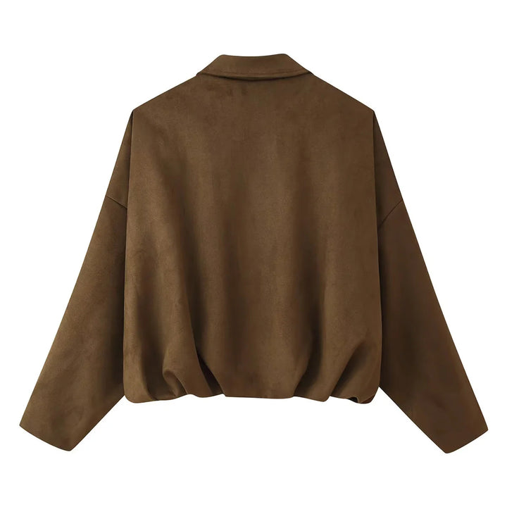 Damen kurz geschnittene Oversized-Blousonjacke mit Schulterklappen, verdeckter Frontleiste und elastischem Kordelsaum – Célinea