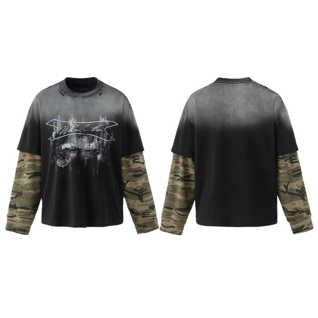 Herren weit geschnittenes Lagenlook T-Shirt mit Used-Effekt und Camouflage-Ärmeln Echoarchiv