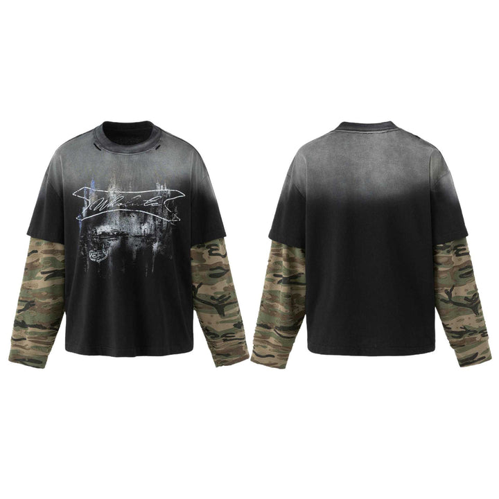 Herren weit geschnittenes Lagenlook T-Shirt mit Used-Effekt und Camouflage-Ärmeln Echoarchiv