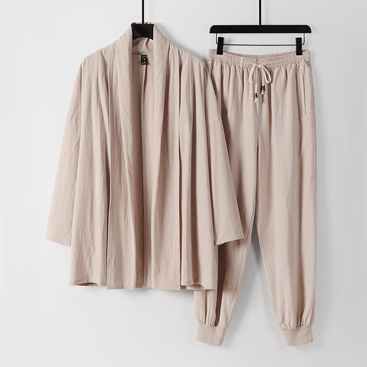 Unisex Luftiges Freizeit-Set im Kimono-Stil mit Schalkragenjacke und konisch zulaufender Joggerhose Echoarchiv