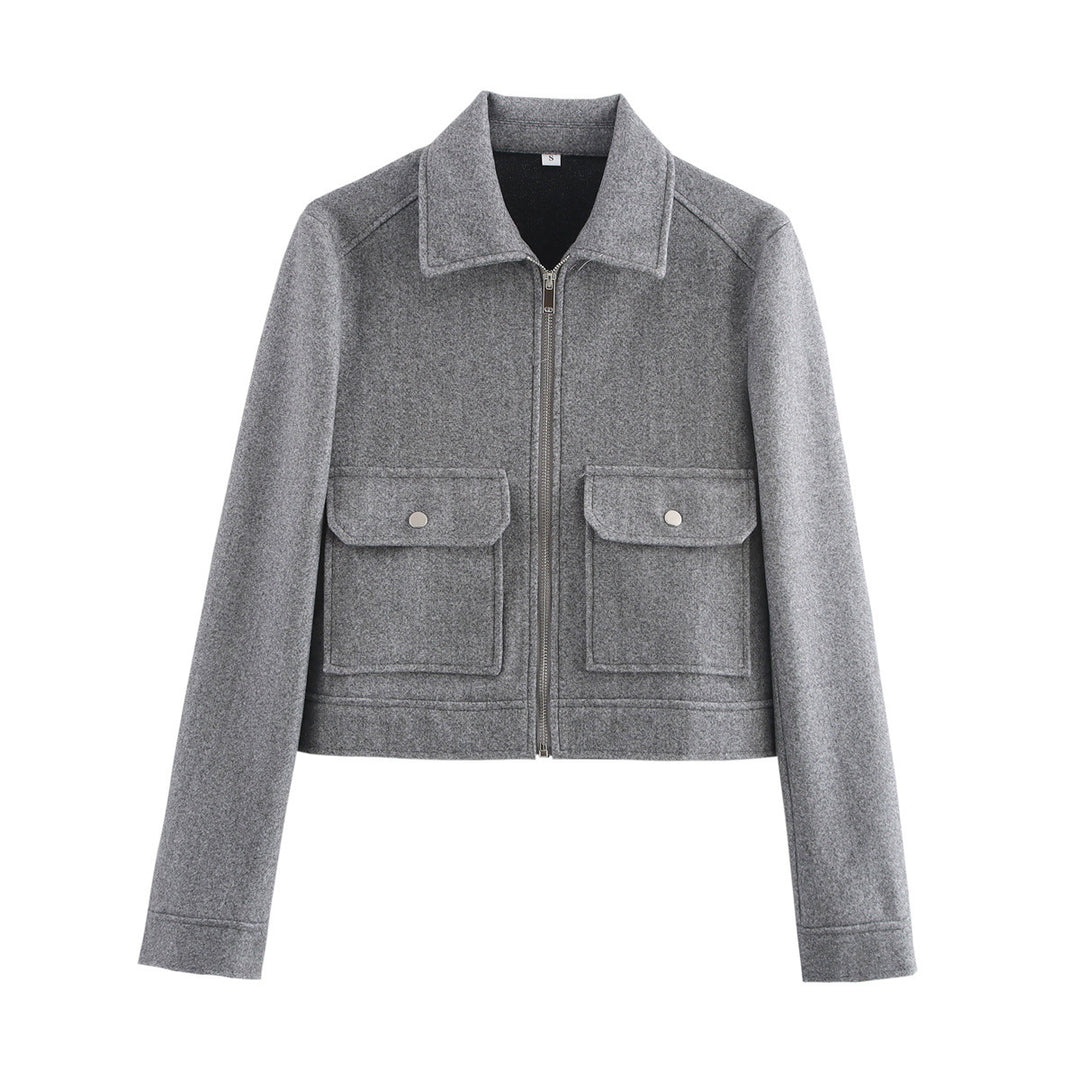 Damen kurz geschnittene Wolloptik-Blousonjacke mit durchgehendem Reißverschluss und aufgesetzten Klappentaschen – Célinea