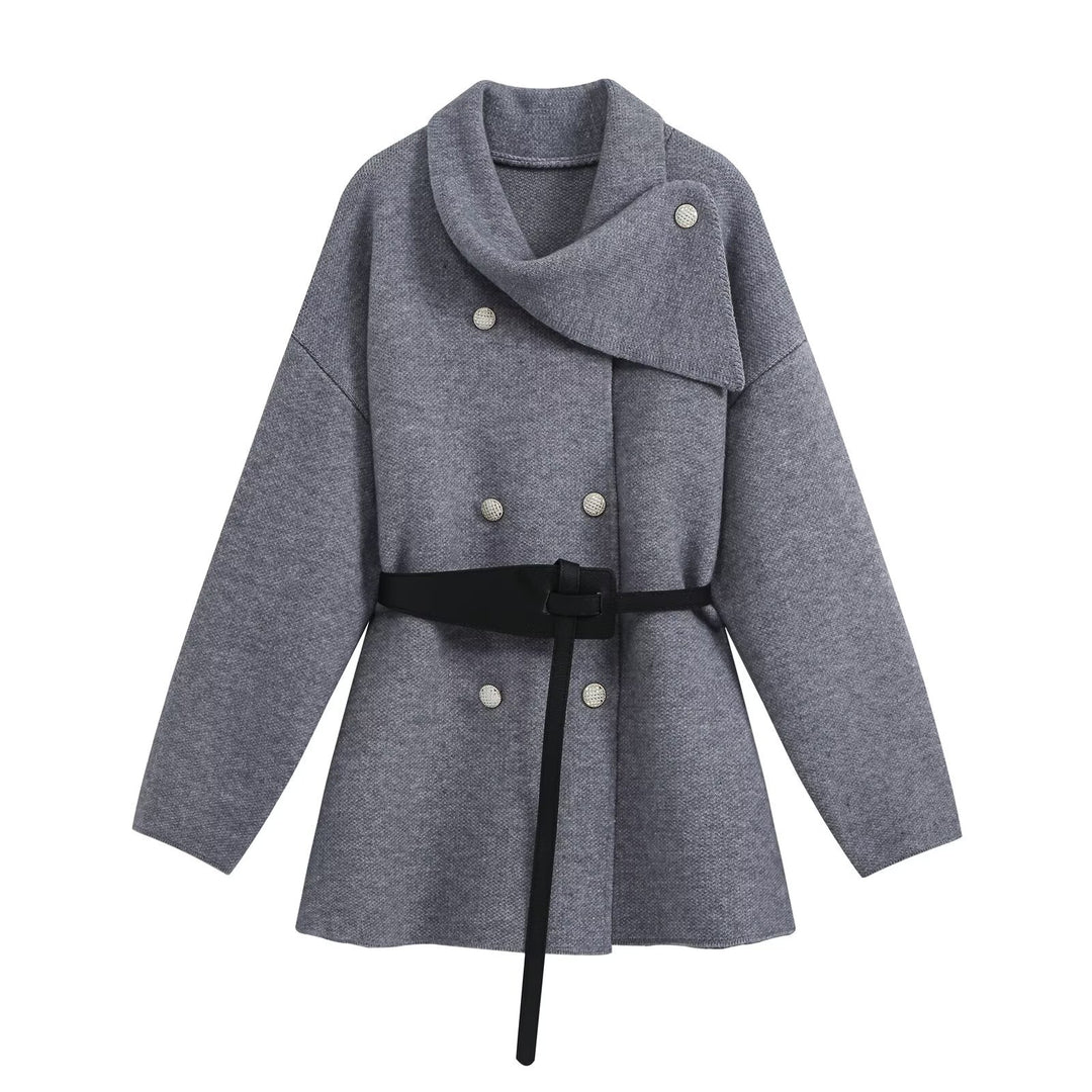 Damen Cropped Bouclé-Mantel mit asymmetrischem Schalkragen und dekorativem Gürtel Echoarchiv