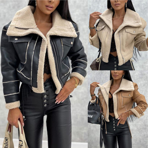 Damen Fliegerjacke in Lammfell-Optik mit Teddyfutter und taillierter Biker-Silhouette Echo Archiv