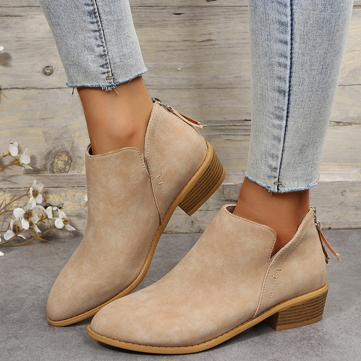 Damen Metallic-Ankleboots mit spitzer Kappe, Rückreißverschluss und niedrigem Blockabsatz Echoarchiv
