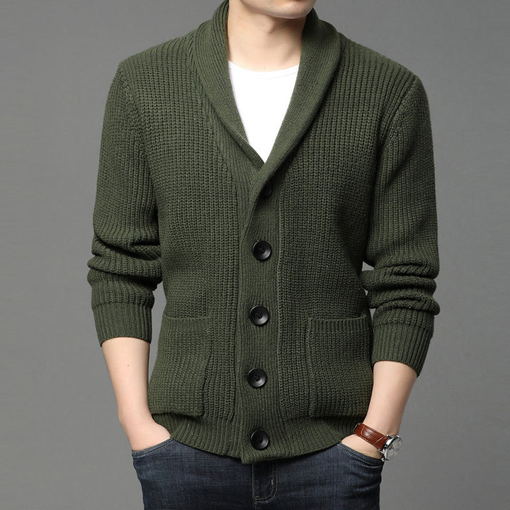 Herren Grobstrick-Cardigan mit Schalkragen, aufgesetzten Taschen und Knopfleiste Echo Archiv