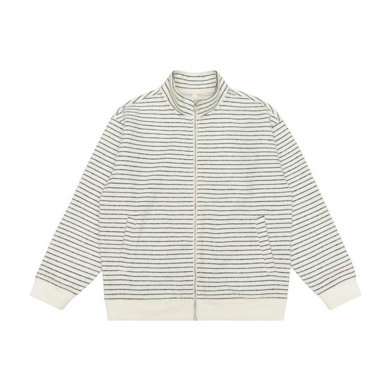 Unisex Gestreifte Strick-Zipjacke mit Stehkragen und aufgesetzten Eingrifftaschen Echo Archiv