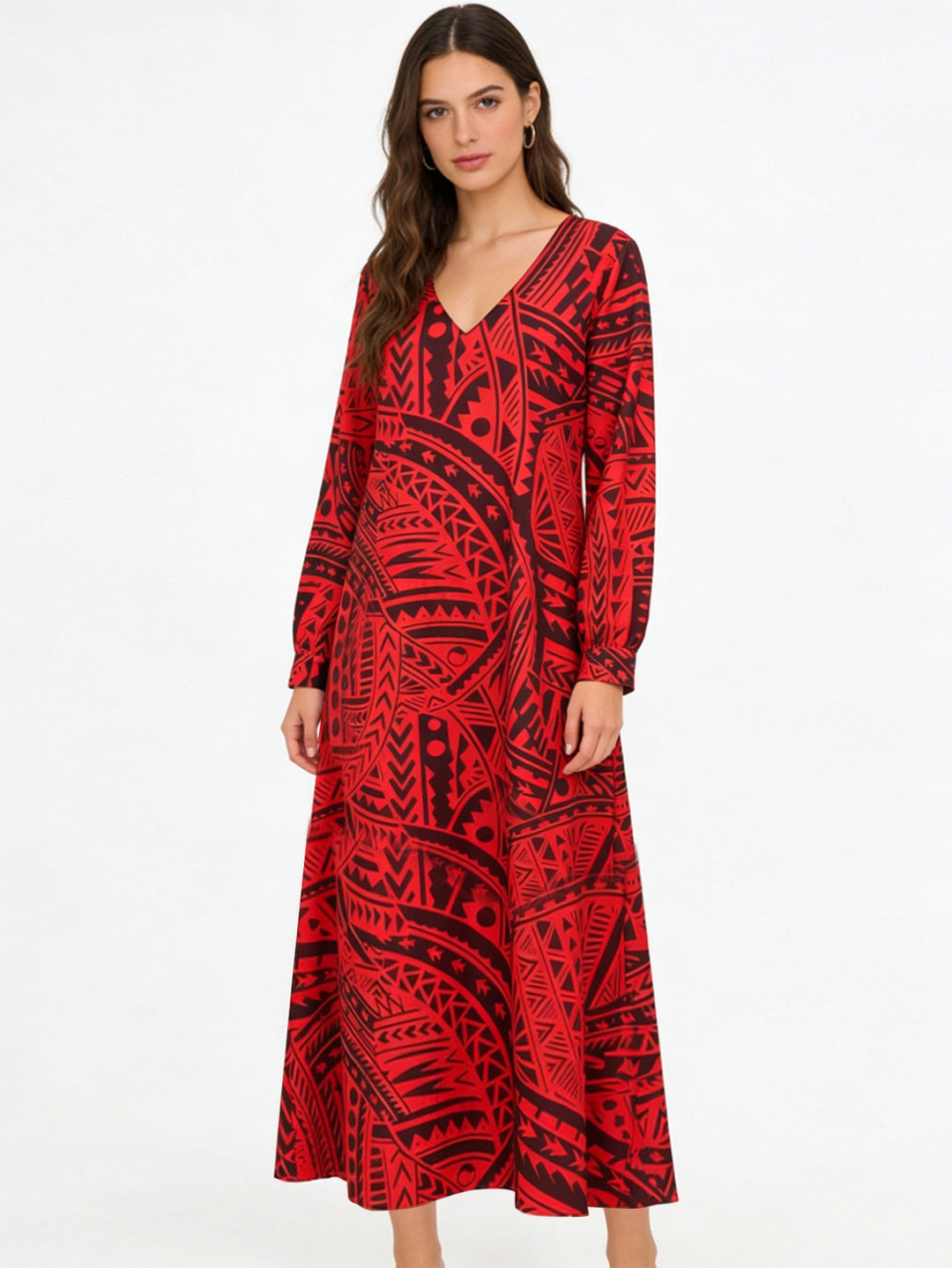 Damen Fließendes Maxikleid mit V-Ausschnitt, allover-geometrischem Print und weiter A-Linie – Valéora