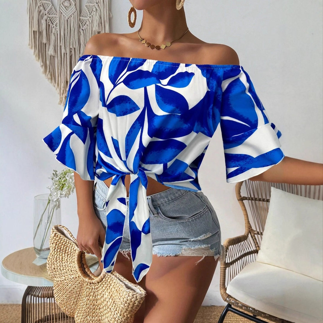 Damen Off-Shoulder Bluse mit floralem Muster und taillierbarem Knoten Echo Archiv