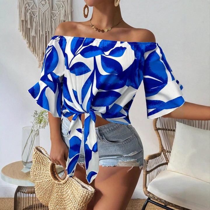 Damen Off-Shoulder Bluse mit floralem Muster und taillierbarem Knoten Echo Archiv