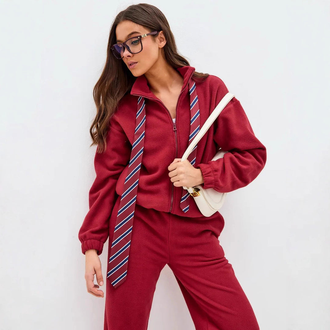 Damen ultrasoftes Microfleece-Set mit kurzer Stehkragen-Zipjacke und weitem High‑Waist Loungehose – Auréline