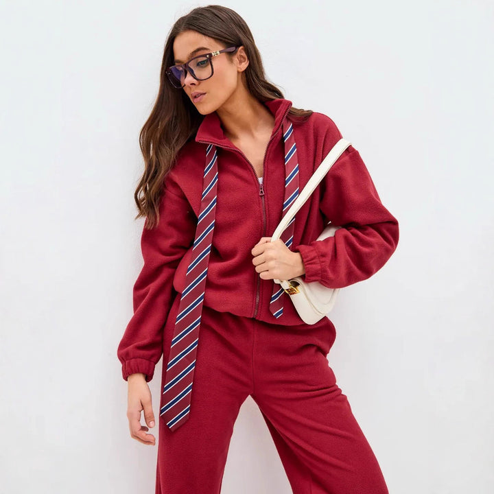 Damen ultrasoftes Microfleece-Set mit kurzer Stehkragen-Zipjacke und weitem High‑Waist Loungehose – Auréline