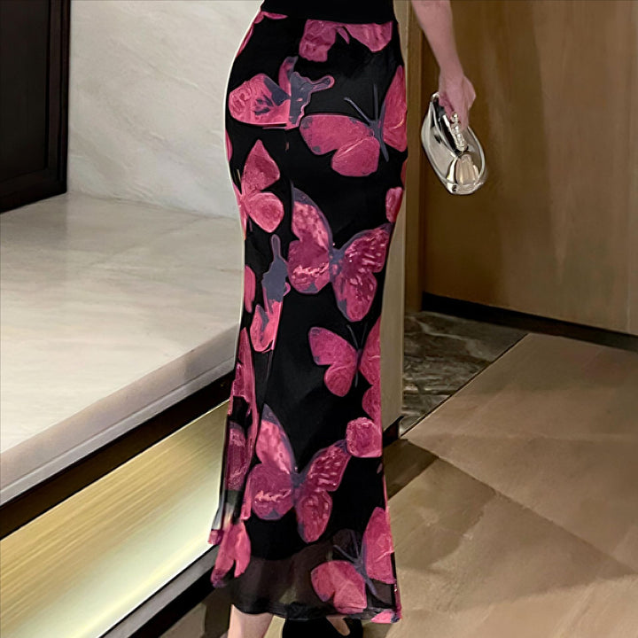 Damen elegantes Maxikleid mit floralem Schmetterlingsmuster und fließendem Stoff Echo Archiv