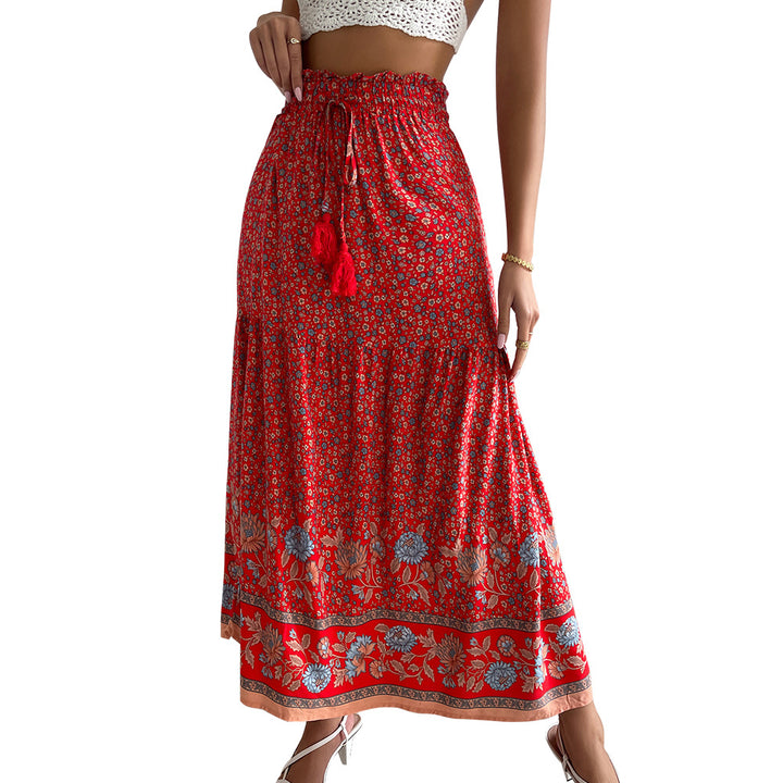 Damen leichter Stufen-Maxirock mit elastischem Rüschenbund, Kordel-Tassel und zartem Paisley-Print – Valéora