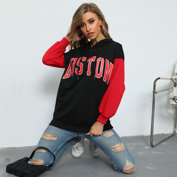 Damen Oversize Kapuzenpullover mit Blockingärmeln und Boston-Frontprint Echoarchiv