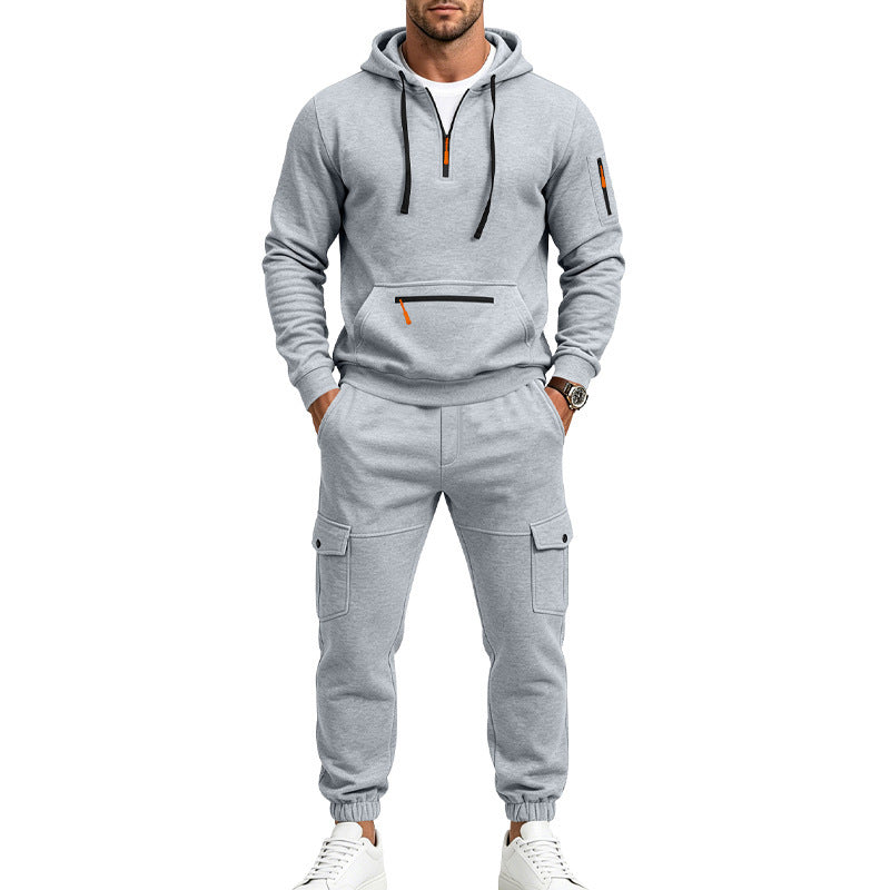 Herren Zweiteiliges Fleece-Loungewear-Set mit Halbzip-Kapuze und Cargo-Jogger – Cavarno