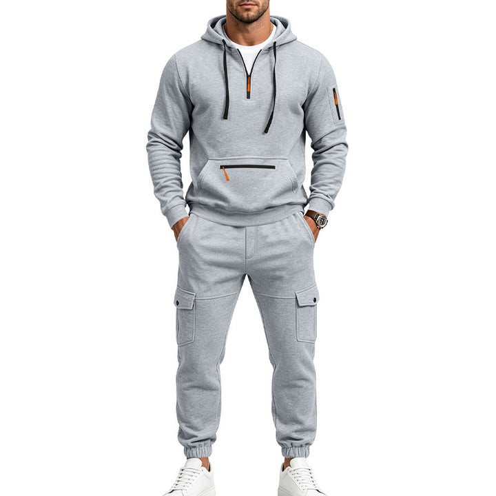Herren Zweiteiliges Fleece-Loungewear-Set mit Halbzip-Kapuze und Cargo-Jogger – Cavarno