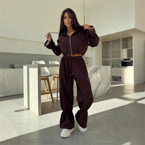 Damen Cropped-Kapuzenjacke mit Reißverschluss und taillierter Tunnelzug-Jogginghose – Auréline