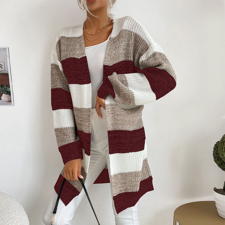 Damen Langer Oversize-Strickcardigan mit Blockstreifen und offener Front – Veloura