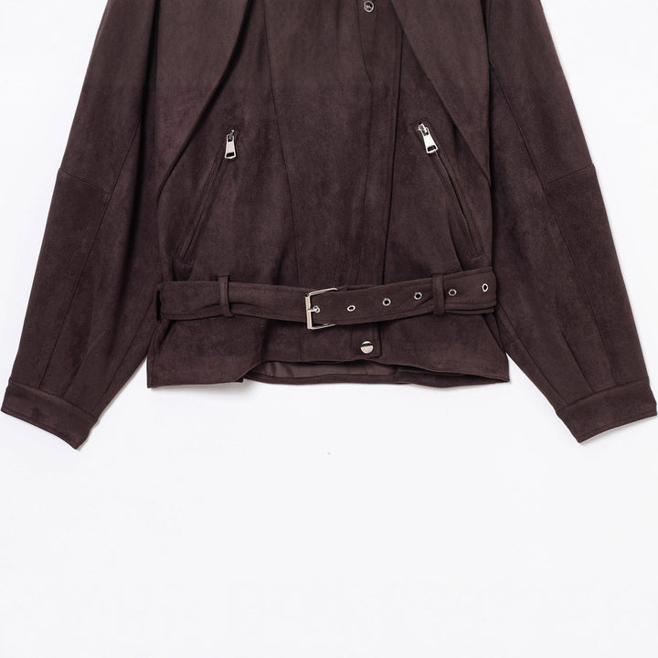 Damen Kurzjacke im Bikerstil aus Velourslederoptik mit Taillengürtel Echoarchiv