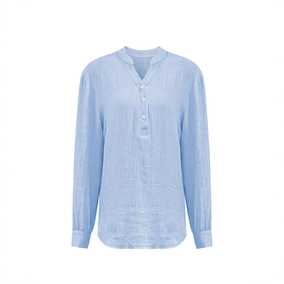 Damen Oversize Texturierte Baumwollbluse mit Henley-Knopfleiste Echoarchiv