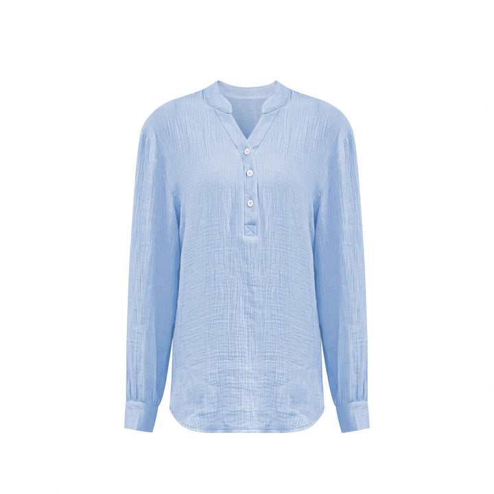 Damen Oversize Texturierte Baumwollbluse mit Henley-Knopfleiste Echoarchiv