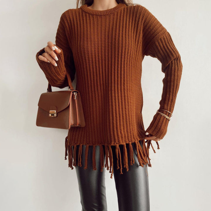 Damen lässiger Rippstrick-Pullover mit Fransen-Saum und Oversize-Silhouette – Mavelle