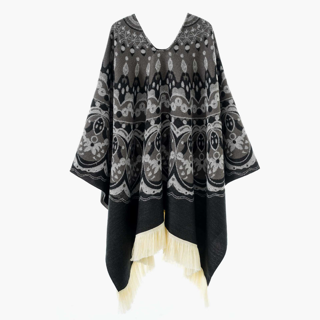 Damen Gewebter Jacquard-Poncho mit V-Ausschnitt, Ethno‑Print und Fransen – Avérine