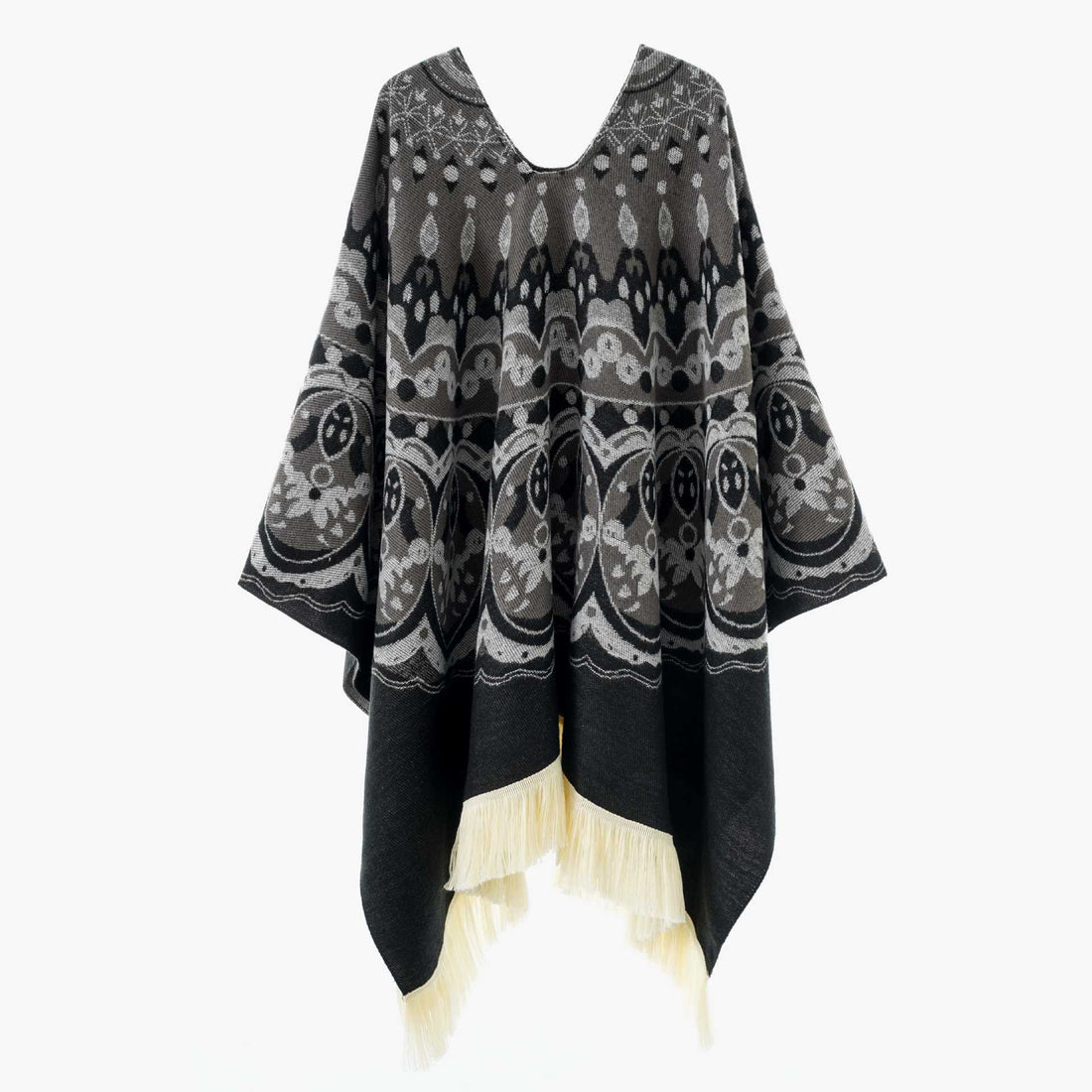 Damen Gewebter Jacquard-Poncho mit V-Ausschnitt, Ethno‑Print und Fransen – Avérine