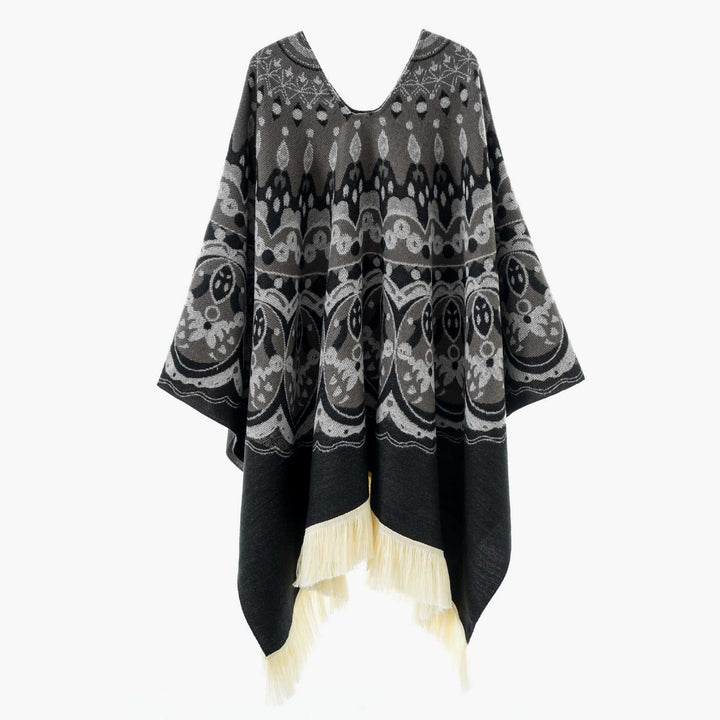 Damen Gewebter Jacquard-Poncho mit V-Ausschnitt, Ethno‑Print und Fransen – Avérine