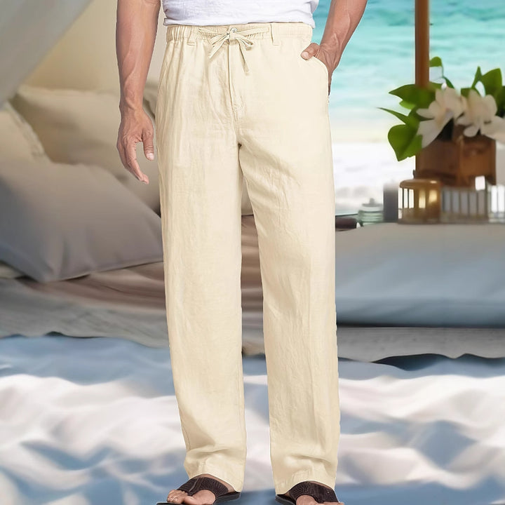 Herren Leichte Leinen-Baumwoll-Hose mit elastischem Bund, Kordelzug und geradem Bein Echoarchiv