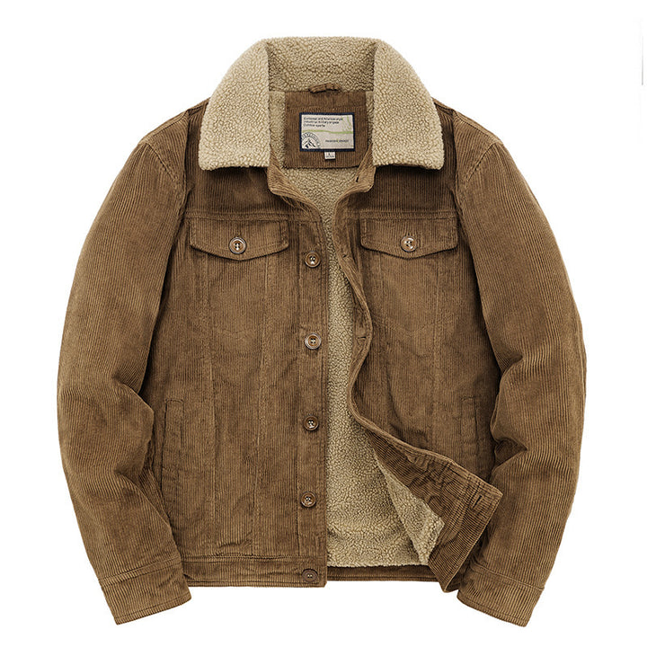 Herren Kord-Workerjacke mit durchgehendem Teddyfutter, Hemdkragen und Brusttasche Echoarchiv