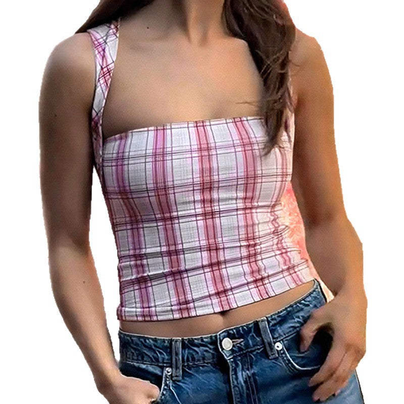 Damen figurbetontes Karo-Top mit elegantem Schnitt und transparenten Einsätzen Echo Archiv