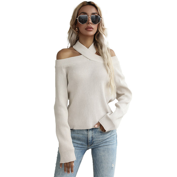 Damen Schulterfreies Strickoberteil mit gekreuztem Neckholder und Rippstruktur Echoarchiv