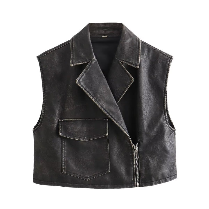 Damen kurzes ärmelloses Biker-Weste aus Kunstleder mit breitem Revers und asymmetrischem Reißverschluss – Célinea