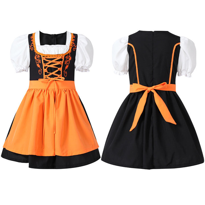Damen nan trachtiges Dirndlkleid mit geschnürtem Mieder, Puffärmeln und abnehmbarer Schürze Echo Archiv