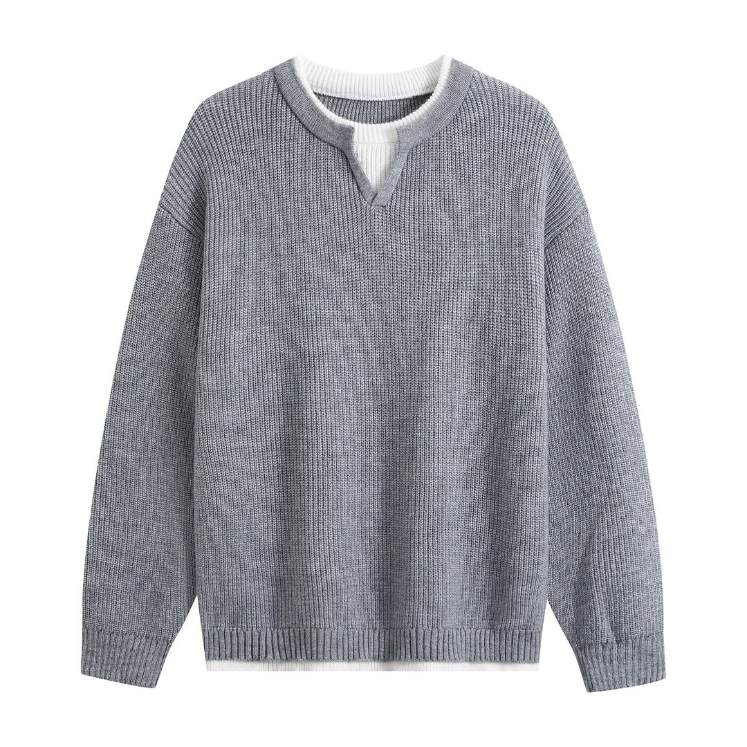 Herren Oversize-Strukturstrick-Pullover mit V‑Einsatz am Rundhals Echoarchiv