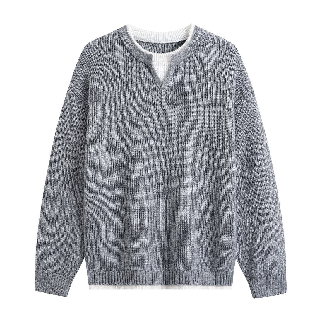 Herren Oversize-Strukturstrick-Pullover mit V‑Einsatz am Rundhals Echoarchiv