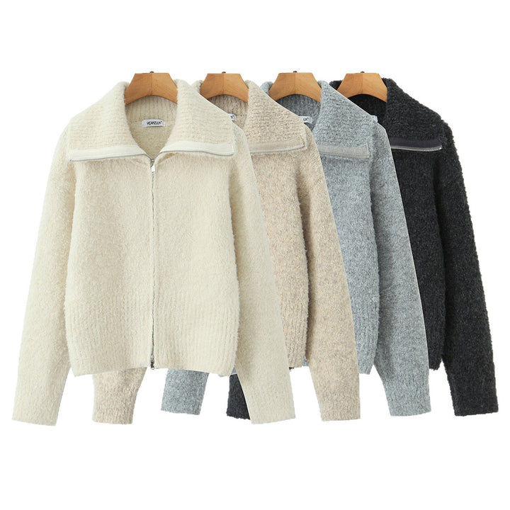 Damen kurze gezippte Strickjacke mit Stehkragen und Rippenbund Echoarchiv