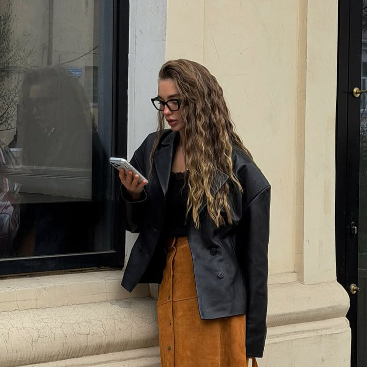 Damen Modischer Blazer-Bomber aus veganem Lederimitat mit doppeltreihiger Front Echoarchiv