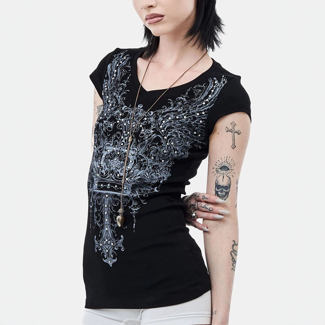 Damen V-Ausschnitt T-Shirt mit extravaganten Grafiken Echo Archiv