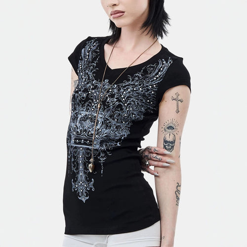 Damen V-Ausschnitt T-Shirt mit extravaganten Grafiken Echo Archiv