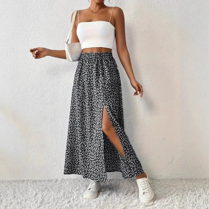 Damen Maxirock mit elegantem Schlitz und floralem Muster Echoarchiv