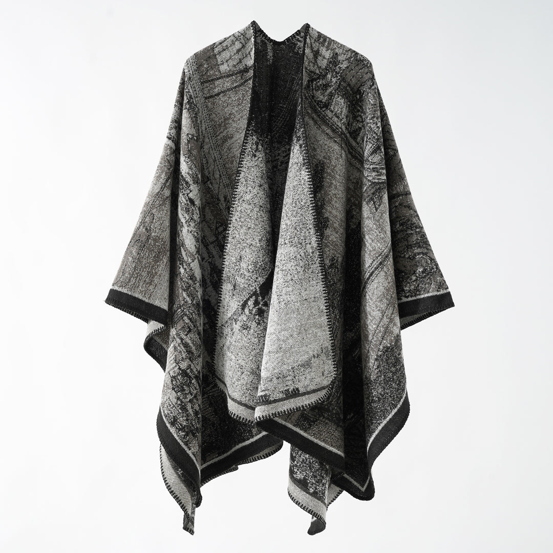 Damen Jacquard-Poncho-Überwurf mit weitem Kimono-Fall und softem Wollmix Echo Archiv