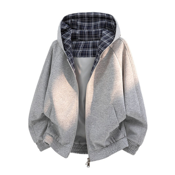 Damen Freizeit Sweat Bomber mit gestepptem Karostofffutter in der Kapuze und elastischem Saum – Célinea