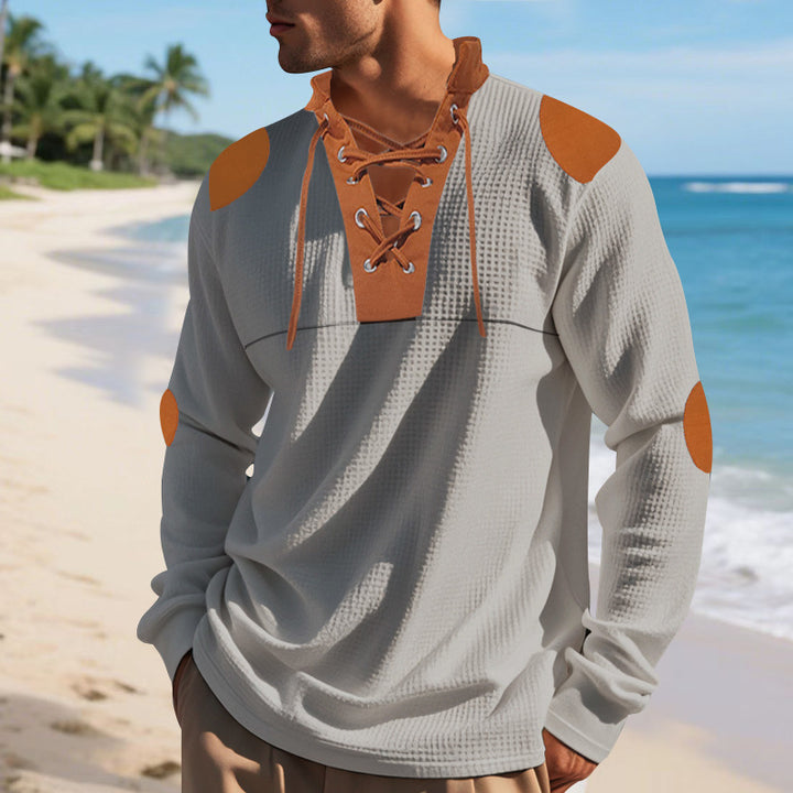 Herren lässiges Langarm-Henley-Shirt mit ausgefallenem Schnürdesign und kontrastrierenden Ellenbogen-Patches Echoarchiv