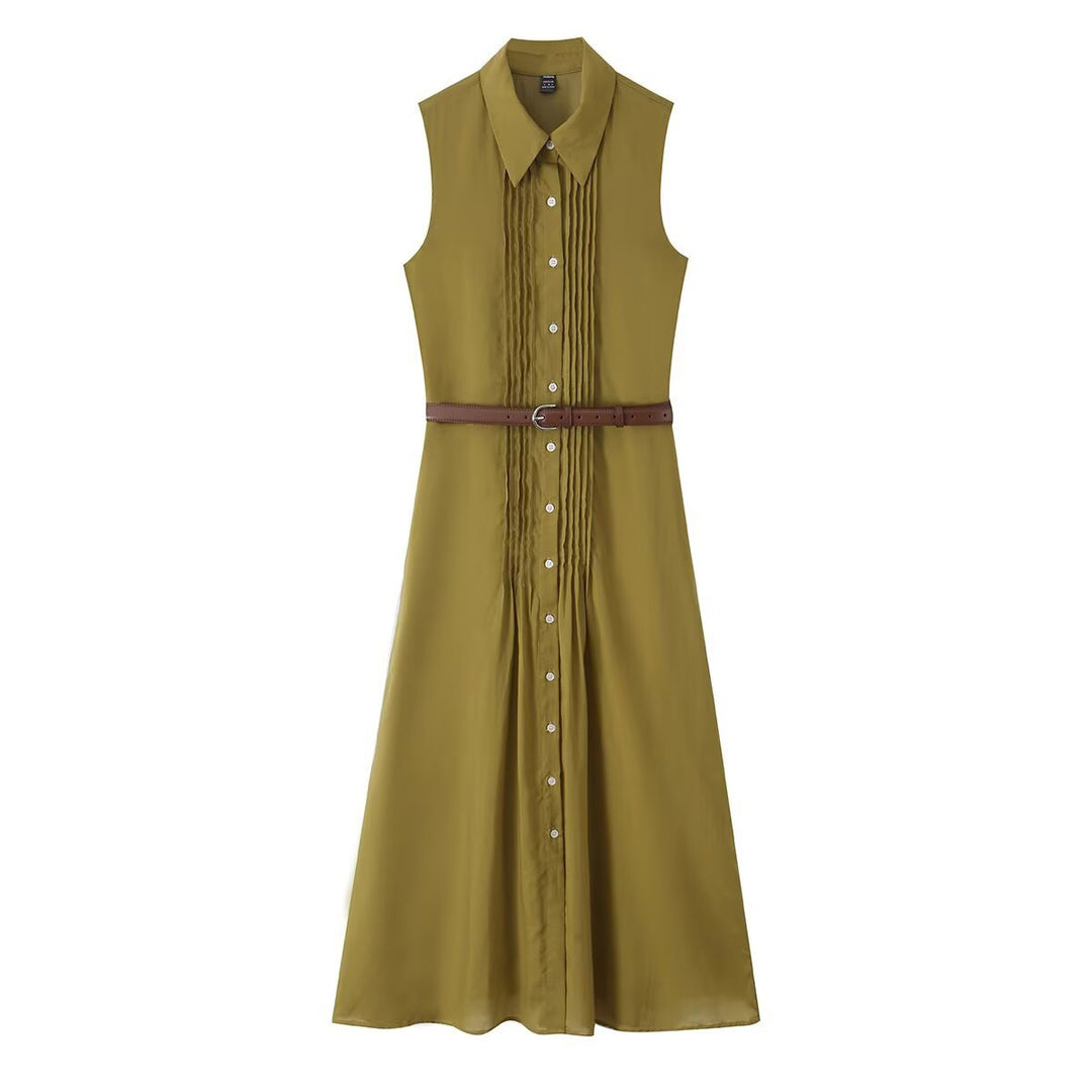 Damen Ärmelloses Hemdblusenkleid mit Kellerfalten, durchgehender Knopfleiste und Taillengürtel Echoarchiv