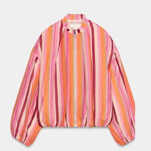 Damen Leichte gestreifte Cropped‑Bomberjacke mit Ballonärmeln und Reißverschluss Echo Archiv